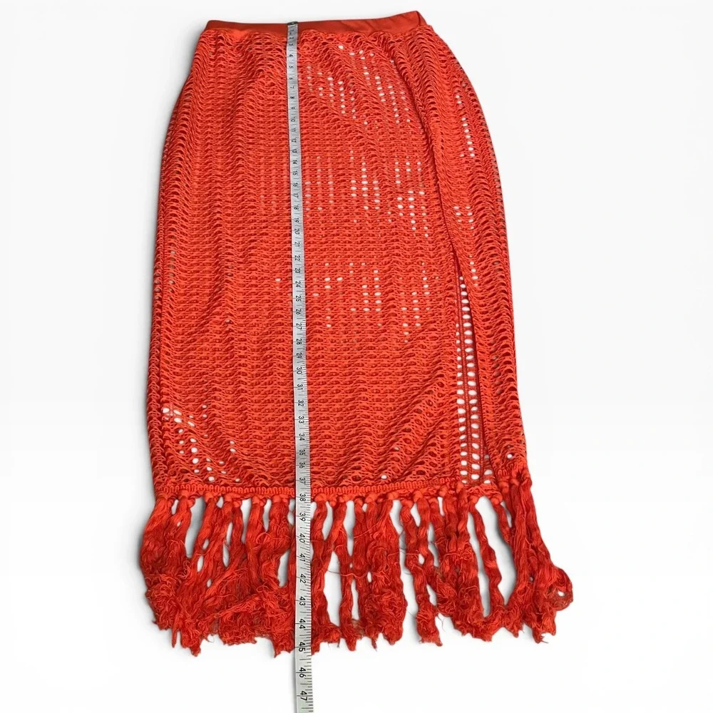 Orange Crochet Maxi Skirt Fringe Side Slit Boho Beach Cover Up S Cane Weave